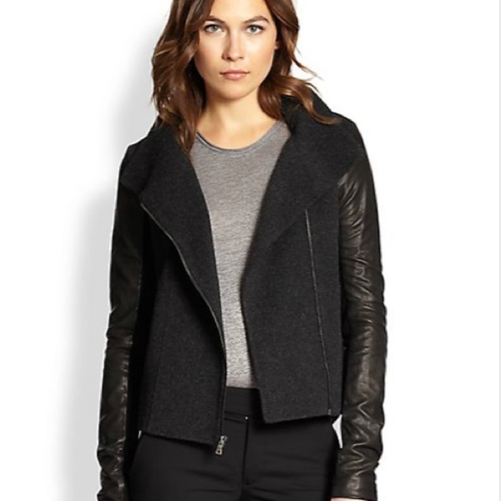 Vince XS Moto Jacket Wool Leather charcoal gray black asymmetrical zip